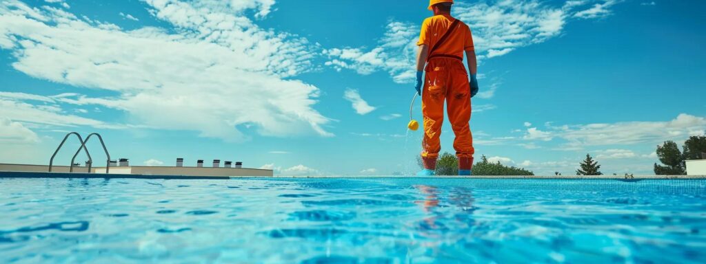 a sparkling blue pool under a bright, cloudless sky being serviced by a professional in a vibrant orange uniform. Equipment Upgrades
